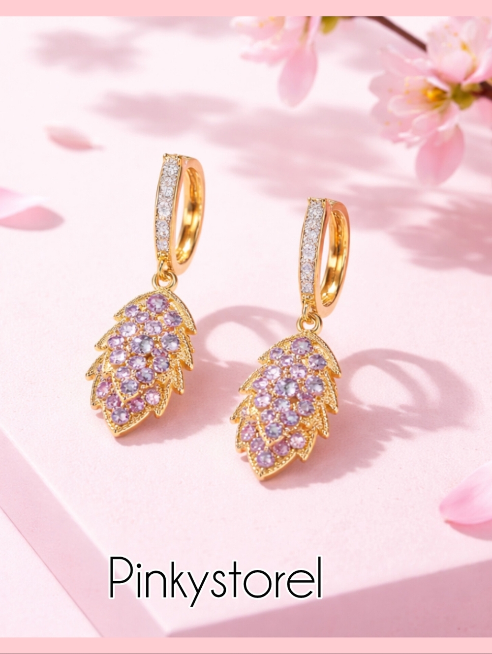 Gold Leaf Drop Earrings with Pink Stones
